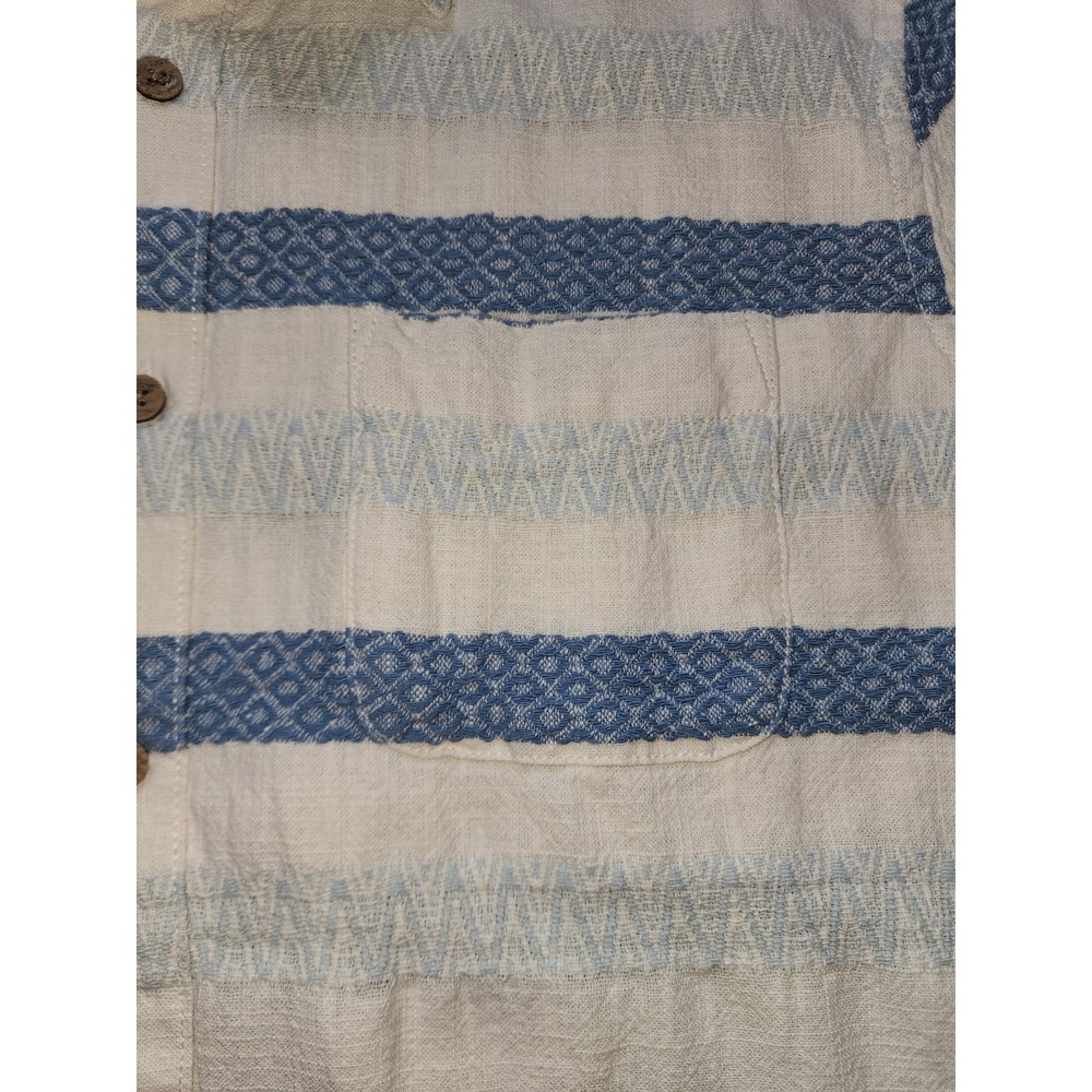 Lucky Brand Cotton Button Up Shirt Mens Large Beige Blue Stripe Short Sleeve - Picture 3 of 6